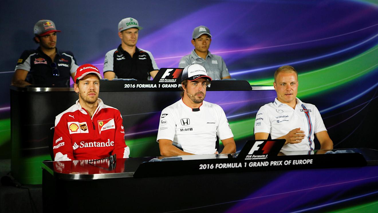 (L to R): Carlos Sainz jr (ESP) Scuderia Toro Rosso, Nico Hulkenberg (GER) Force India F1, Rio Haryanto (IDN) Manor Racing, Sebastian Vettel (GER) Ferrari, Fernando Alonso (ESP) McLaren AND Valtteri Bottas (FIN) Williams in the Press Conference at Formula One World Championship, Rd8, European Grand Prix, Preparations, Baku City Circuit, Baku, Azerbaijan, Thursday 16 June 2016. © Sutton Images