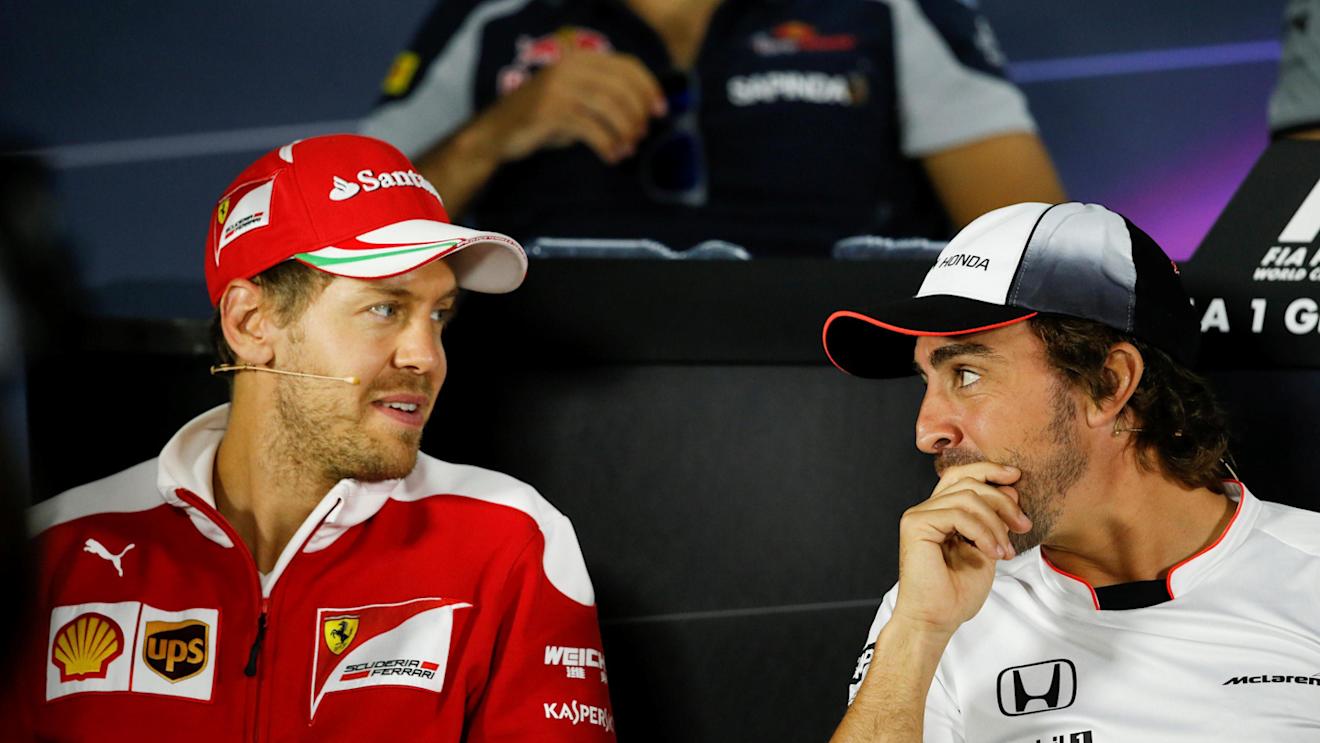 Sebastian Vettel (GER) Ferrari and Fernando Alonso (ESP) McLaren in the Press Conference at Formula One World Championship, Rd8, European Grand Prix, Preparations, Baku City Circuit, Baku, Azerbaijan, Thursday 16 June 2016. © Sutton Images