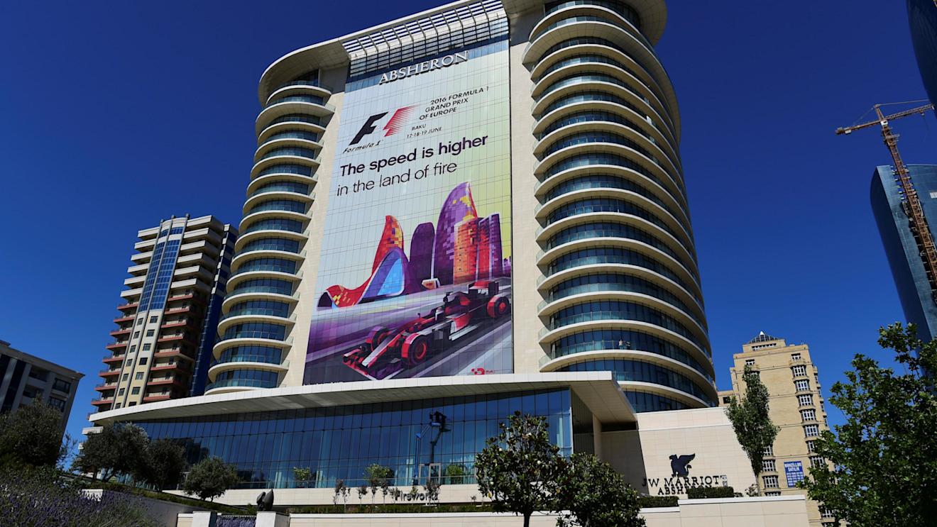 Banner on building at Formula One World Championship, Rd8, European Grand Prix, Preparations, Baku City Circuit, Baku, Azerbaijan, Tuesday 14 June 2016. © Sutton Images