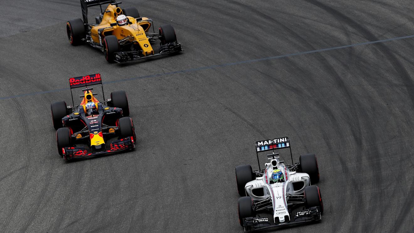 Felipe Massa (BRA) Williams FW38, Daniel Ricciardo (AUS) Red Bull Racing RB12 and Kevin Magnussen (DEN) Renault Sport F1 Team RS16 at Formula One World Championship, Rd12, German Grand Prix, Practice, Hockenheim, Germany, Friday 29 July 2016. © Sutton Images