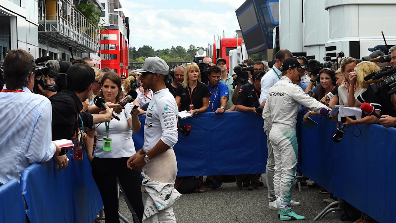 Lewis Hamilton (GBR) Mercedes AMG F1 and Nico Rosberg (GER) Mercedes AMG F1 talk to the media at Formula One World Championship, Rd12, German Grand Prix, Qualifying, Hockenheim, Germany, Saturday 30 July 2016.