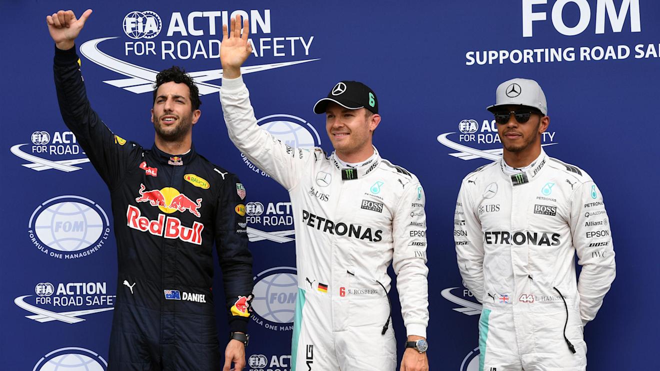 (L to R): Daniel Ricciardo (AUS) Red Bull Racing, pole sitter Nico Rosberg (GER) Mercedes AMG F1 and Lewis Hamilton (GBR) Mercedes AMG F1 celebrate in parc ferme at Formula One World Championship, Rd12, German Grand Prix, Qualifying, Hockenheim, Germany, Saturday 30 July 2016. © Sutton Images