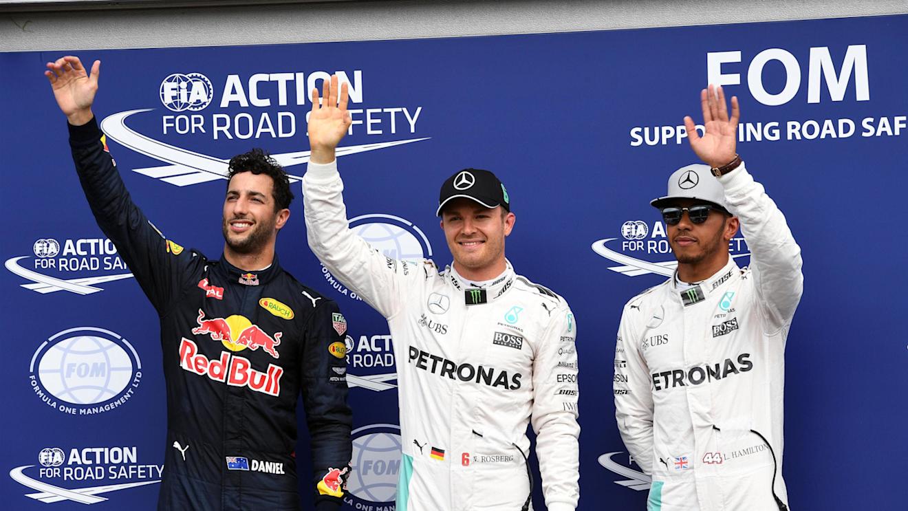 (L to R): Daniel Ricciardo (AUS) Red Bull Racing, pole sitter Nico Rosberg (GER) Mercedes AMG F1 and Lewis Hamilton (GBR) Mercedes AMG F1 celebrate in parc ferme at Formula One World Championship, Rd12, German Grand Prix, Qualifying, Hockenheim, Germany, Saturday 30 July 2016. © Sutton Images