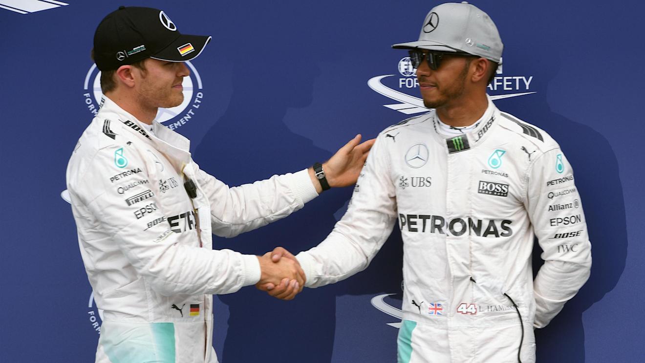 Pole sitter Nico Rosberg (GER) Mercedes AMG F1 and Lewis Hamilton (GBR) Mercedes AMG F1 celebrate oin parc ferme at Formula One World Championship, Rd12, German Grand Prix, Qualifying, Hockenheim, Germany, Saturday 30 July 2016. © Sutton Images