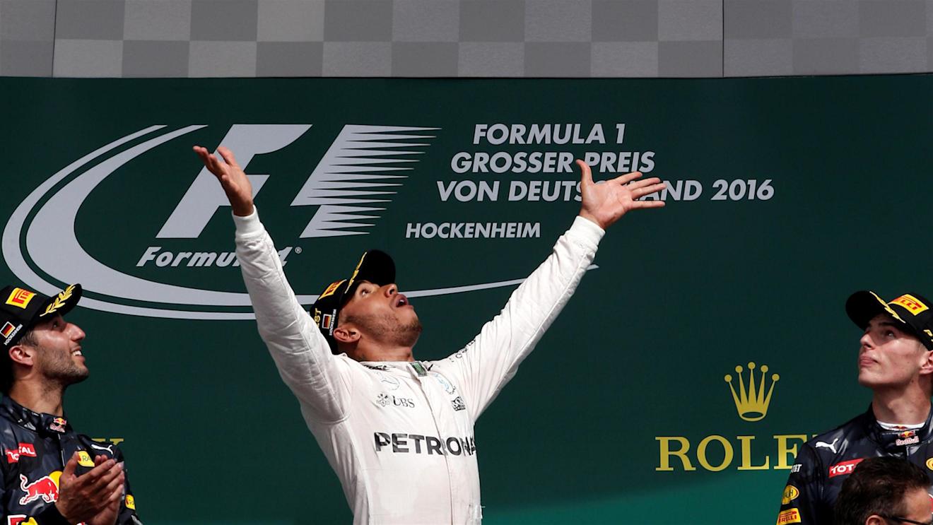 Race winner Lewis Hamilton (GBR) Mercedes AMG F1 celebrates with the trophy on the podium at Formula One World Championship, Rd12, German Grand Prix, Race, Hockenheim, Germany, Sunday 31 July 2016. © Sutton Images