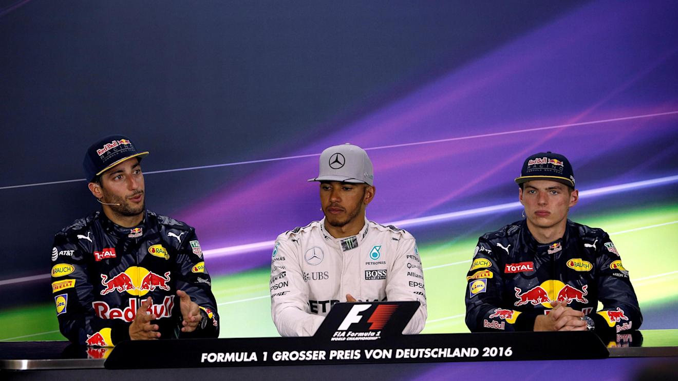 Daniel Ricciardo (AUS) Red Bull Racing, race winerr Lewis Hamilton (GBR) Mercedes AMG F1 and Max Verstappen (NED) Red Bull Racing in the Press Conference at Formula One World Championship, Rd12, German Grand Prix, Race, Hockenheim, Germany, Sunday 31 July 2016. © Sutton Images