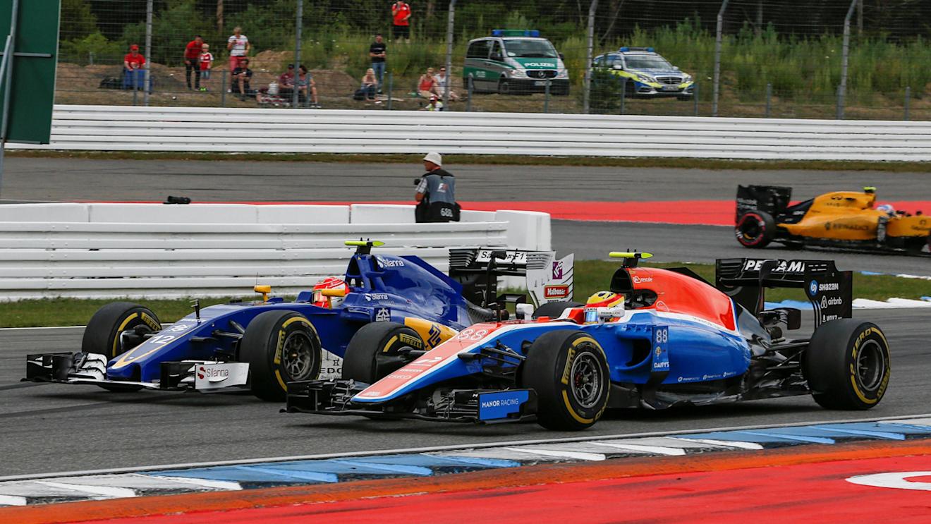 Felipe Nasr (BRA) Sauber C35 and Rio Haryanto (IDN) Manor Racing MRT05 battle for position at Formula One World Championship, Rd12, German Grand Prix, Race, Hockenheim, Germany, Sunday 31 July 2016. © Sutton Images