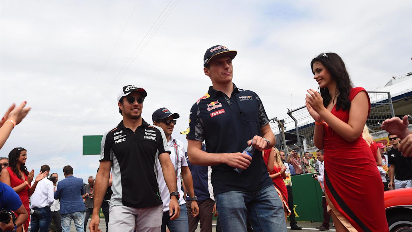 Max Verstappen (NED) Red Bull Racing and Sergio Perez (MEX) Force India on the drivers parade at Formula One World Championship, Rd12, German Grand Prix, Race, Hockenheim, Germany, Sunday 31 July 2016. © Sutton Images