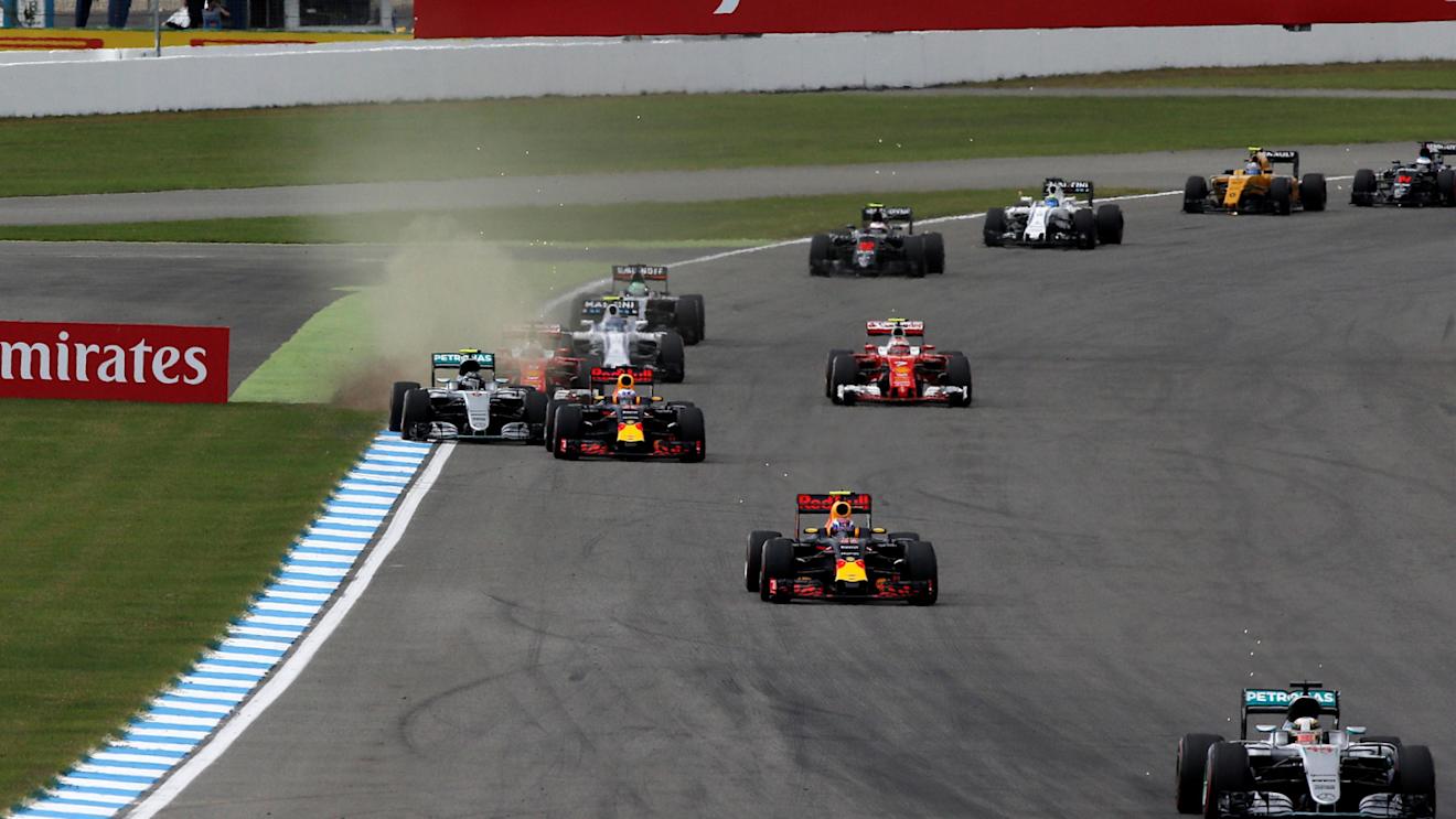 Lewis Hamilton (GBR) Mercedes-Benz F1 W07 Hybrid leads at the start of the race at Formula One World Championship, Rd12, German Grand Prix, Race, Hockenheim, Germany, Sunday 31 July 2016. © Sutton Images