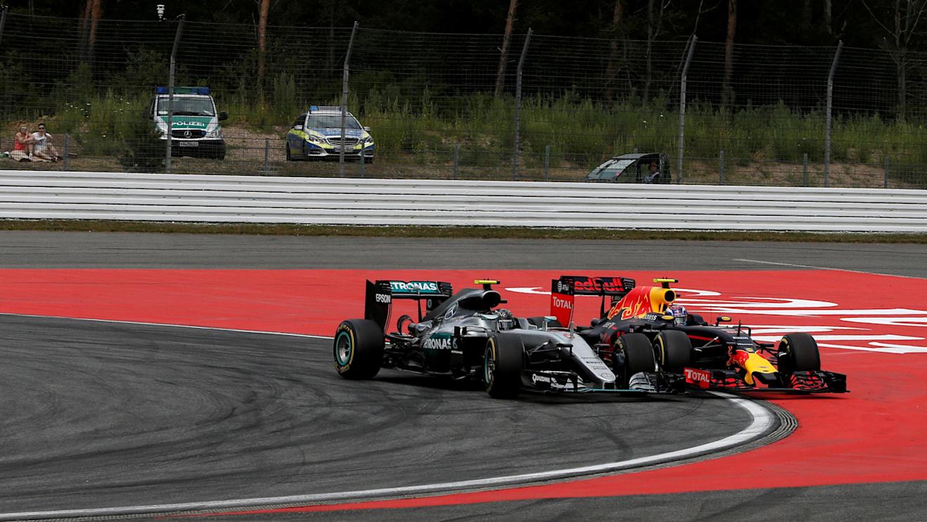Nico Rosberg (GER) Mercedes-Benz F1 W07 Hybrid and Max Verstappen (NED) Red Bull Racing RB12 battle at Formula One World Championship, Rd12, German Grand Prix, Race, Hockenheim, Germany, Sunday 31 July 2016. © Sutton Images