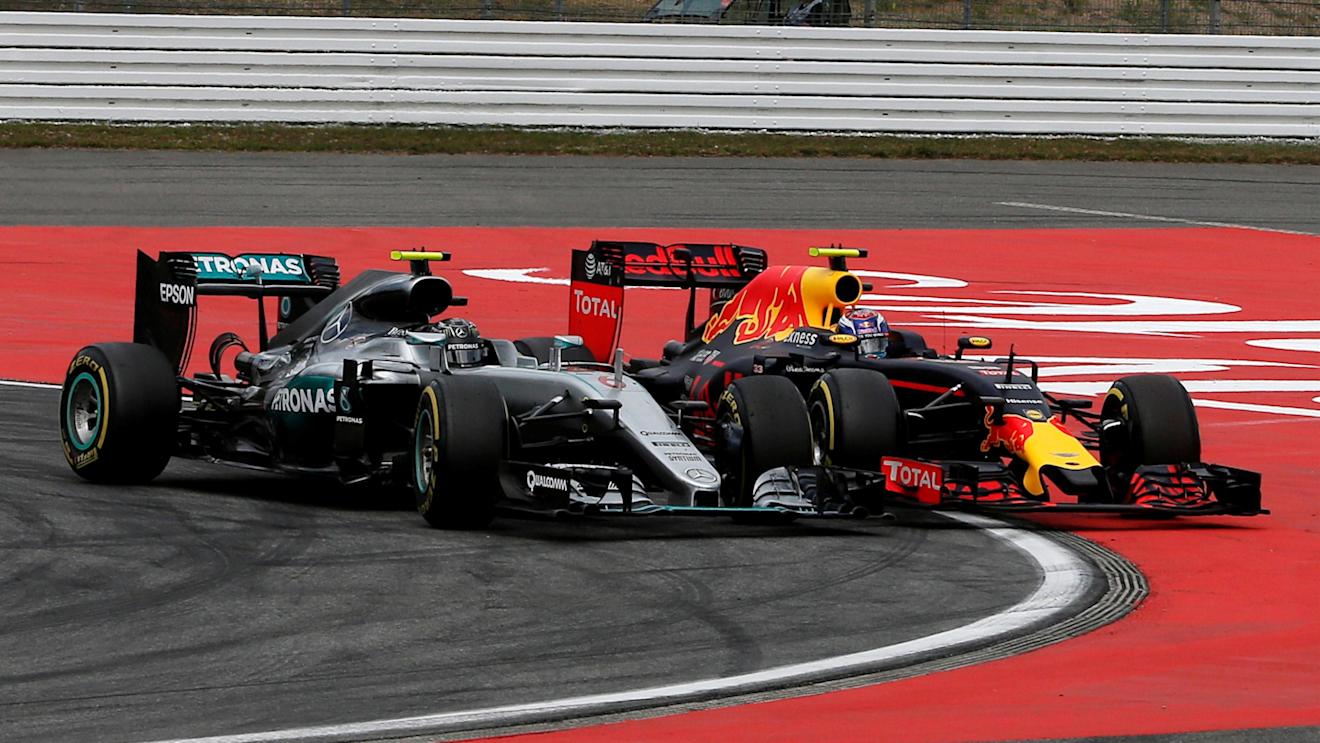 Nico Rosberg (GER) Mercedes-Benz F1 W07 Hybrid and Max Verstappen (NED) Red Bull Racing RB12 battle at Formula One World Championship, Rd12, German Grand Prix, Race, Hockenheim, Germany, Sunday 31 July 2016. © Sutton Images