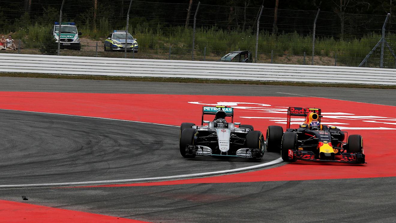 Nico Rosberg (GER) Mercedes-Benz F1 W07 Hybrid and Max Verstappen (NED) Red Bull Racing RB12 battle at Formula One World Championship, Rd12, German Grand Prix, Race, Hockenheim, Germany, Sunday 31 July 2016. © Sutton Images