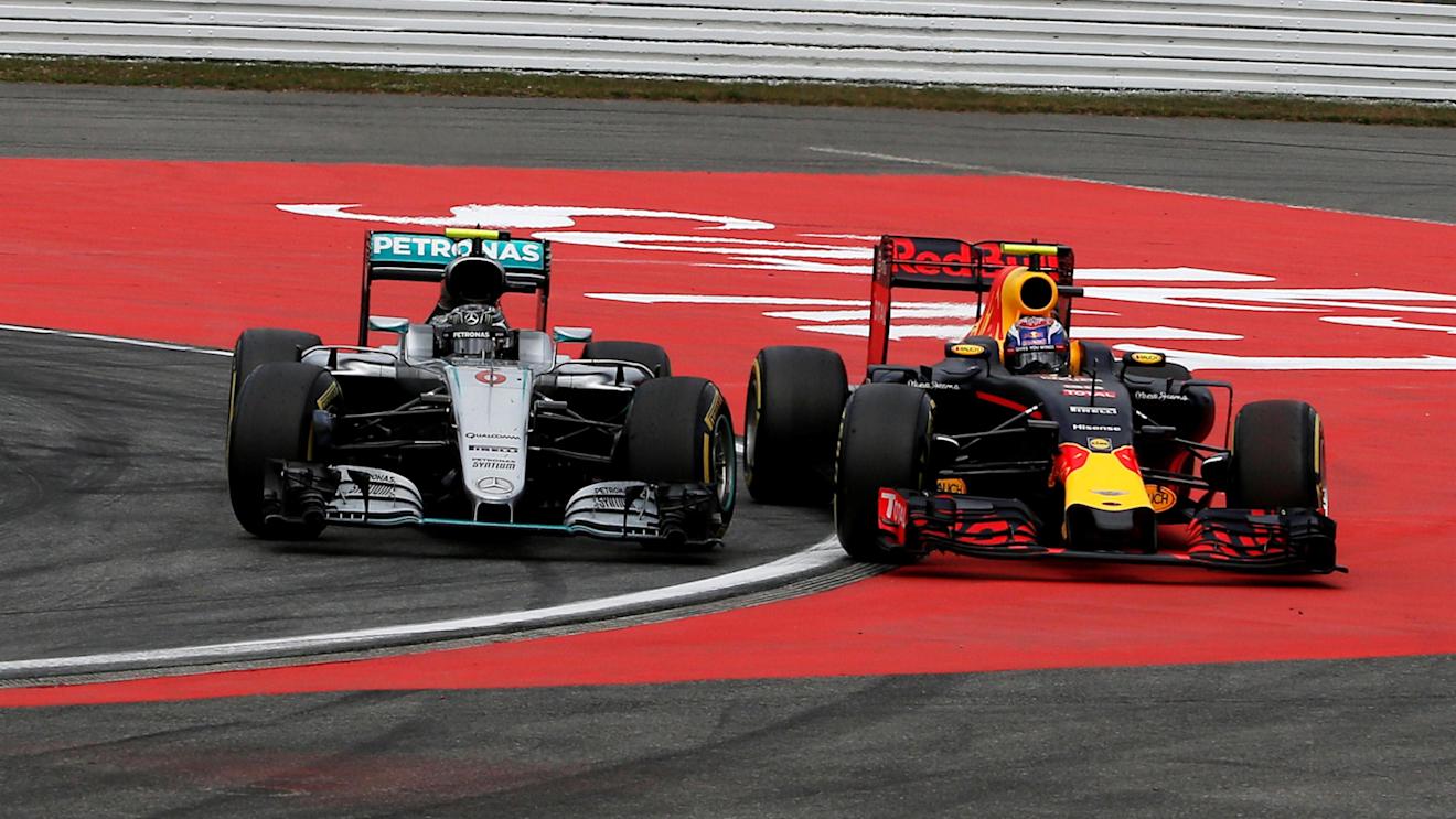 Nico Rosberg (GER) Mercedes-Benz F1 W07 Hybrid and Max Verstappen (NED) Red Bull Racing RB12 battle at Formula One World Championship, Rd12, German Grand Prix, Race, Hockenheim, Germany, Sunday 31 July 2016. © Sutton Images