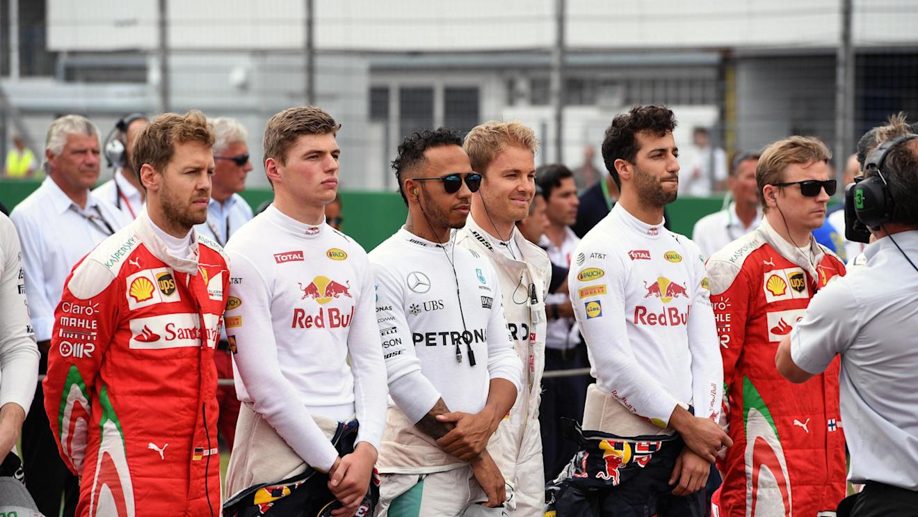 Sebastian Vettel (GER) Ferrari, Max Verstappen (NED) Red Bull Racing, Lewis Hamilton (GBR) Mercedes AMG F1, Nico Rosberg (GER) Mercedes AMG F1, Daniel Ricciardo (AUS) Red Bull Racing and Kimi Raikkonen (FIN) Ferrari on the grid at Formula One World Championship, Rd12, German Grand Prix, Race, Hockenheim, Germany, Sunday 31 July 2016. © Sutton Images