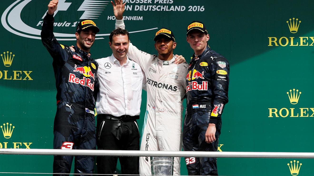 (L to R): Daniel Ricciardo (AUS) Red Bull Racing, Lewis Hamilton (GBR) Mercedes AMG F1 and Max Verstappen (NED) Red Bull Racing celebrate on the podium at Formula One World Championship, Rd12, German Grand Prix, Race, Hockenheim, Germany, Sunday 31 July 2016. © Sutton Images