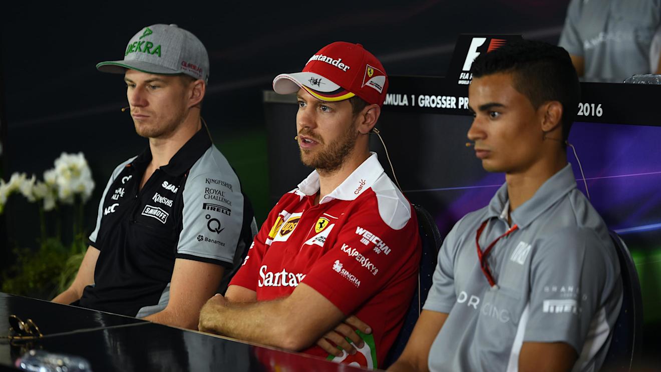 Nico Hulkenberg (GER) Force India F1, Sebastian Vettel (GER) Ferrari and Pascal Wehrlein (GER) Manor Racing in the Press Conference at Formula One World Championship, Rd12, German Grand Prix, Preparations, Hockenheim, Germany, Thursday 28 July 2016. © Sutton Images