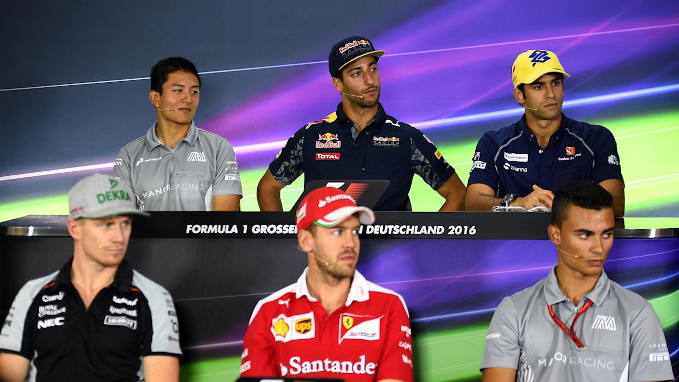 Nico Hulkenberg (GER) Force India F1, Rio Haryanto (IDN) Manor Racing, Sebastian Vettel (GER) Ferrari, Daniel Ricciardo (AUS) Red Bull Racing, Felipe Nasr (BRA) Sauber and Pascal Wehrlein (GER) Manor Racing in the Press Conference at Formula One World Championship, Rd12, German Grand Prix, Preparations, Hockenheim, Germany, Thursday 28 July 2016. © Sutton Images