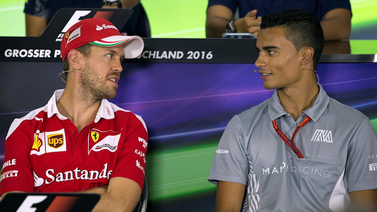 Sebastian Vettel (GER) Ferrari and Pascal Wehrlein (GER) Manor Racing in the Press Conference at Formula One World Championship, Rd12, German Grand Prix, Preparations, Hockenheim, Germany, Thursday 28 July 2016. © Sutton Images