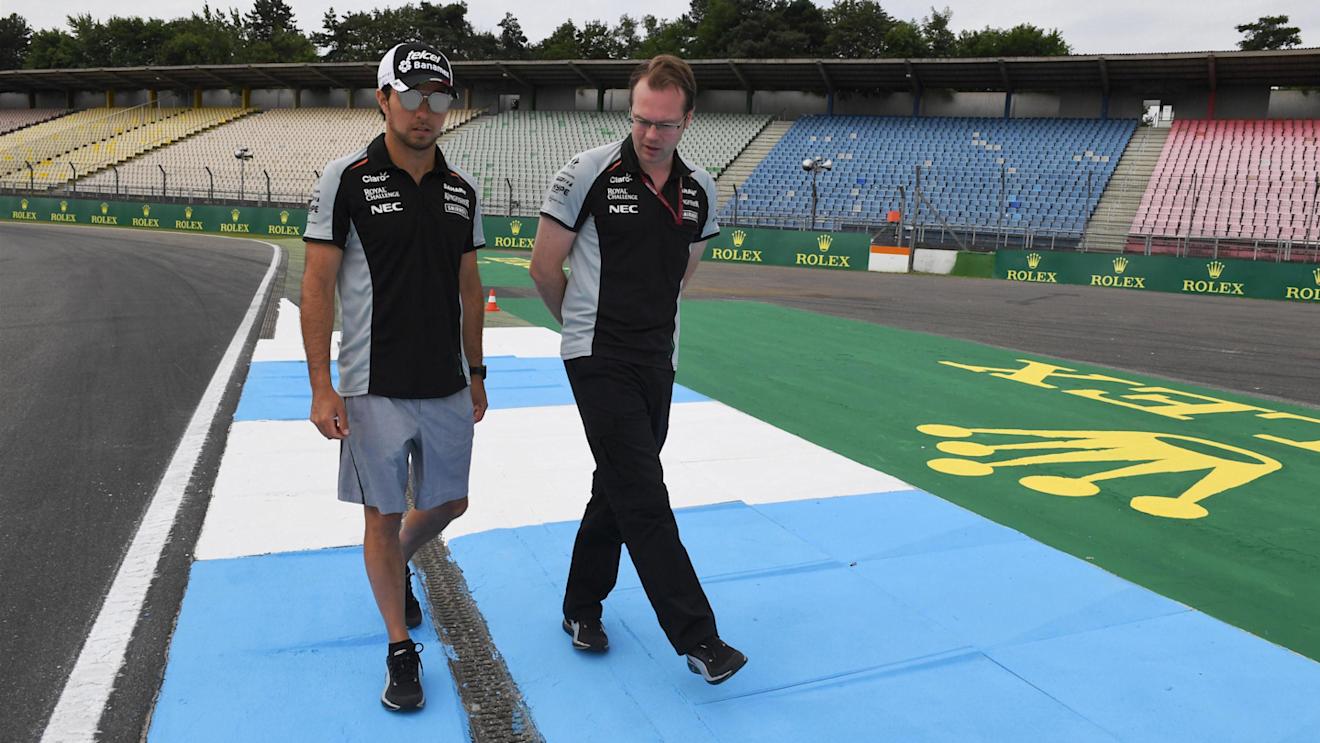 Sergio Perez (MEX) Force India walks the track and looks at the kerbs at Formula One World Championship, Rd12, German Grand Prix, Preparations, Hockenheim, Germany, Thursday 28 July 2016. © Sutton Images