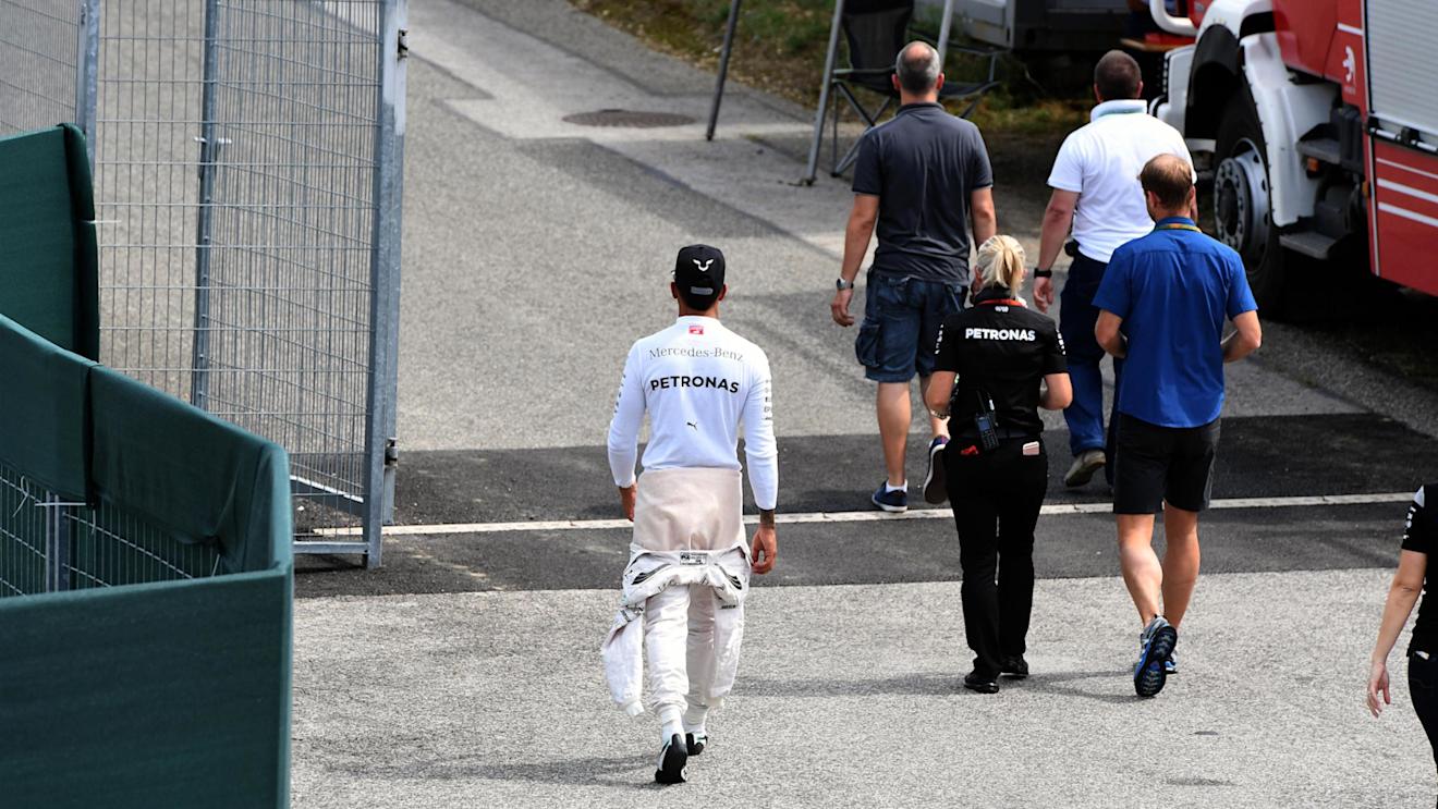 Lewis Hamilton (GBR) Mercedes AMG F1 returns from the Medical Centre following his crash in FP2 at Formula One World Championship, Rd11, Practice, Hungaroring, Hungary, Friday 22 July 2016. © Sutton Images