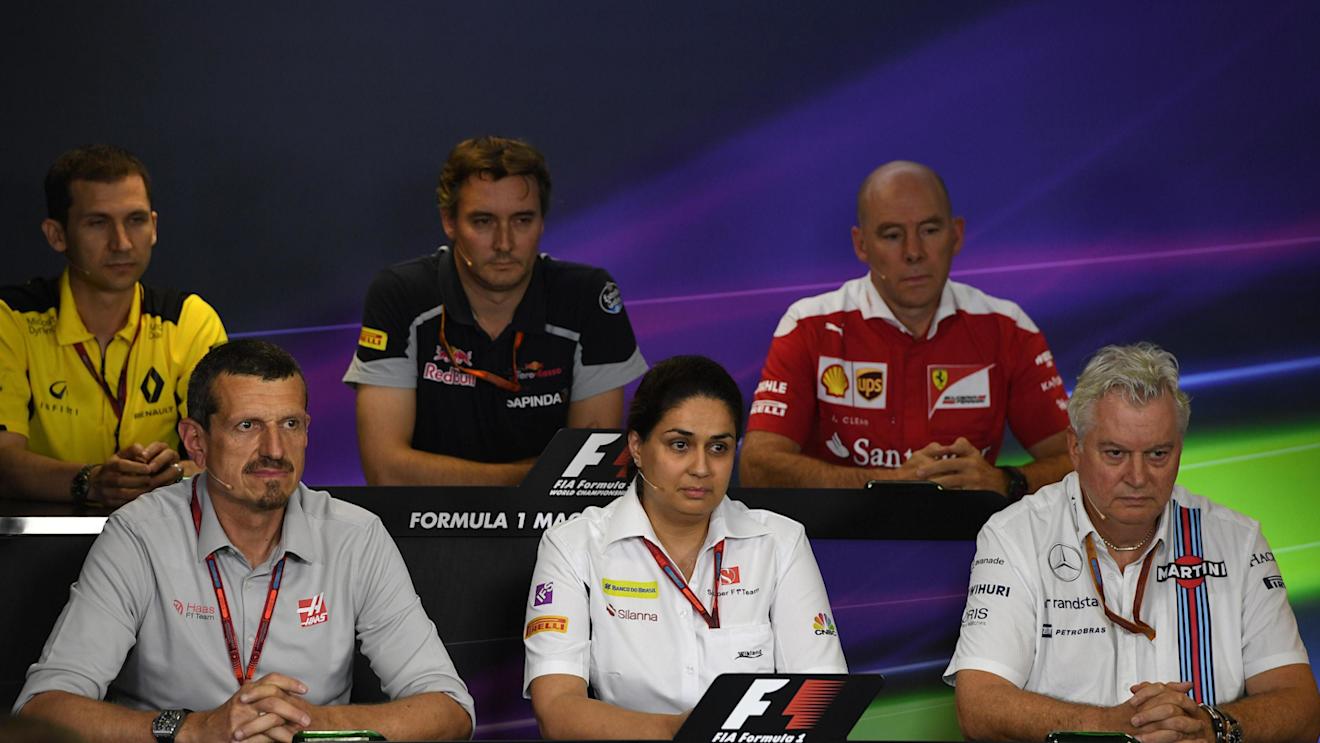 (L to R): Remi Taffin (FRA) Head of Renault Sport F1 Track Operations, James Key (GBR) Scuderia Toro Rosso Technical Director, Jock Clear (GBR) Ferrari Chief Engineer, Guenther Steiner (ITA) Haas F1 Team Prinicipal, Monisha Kaltenborn (AUT) Sauber Team Prinicpal and Pat Symonds (GBR) Williams Technical Director in the Press Conference at Formula One World Championship, Rd11, Practice, Hungaroring, Hungary, Friday 22 July 2016. © Sutton Images