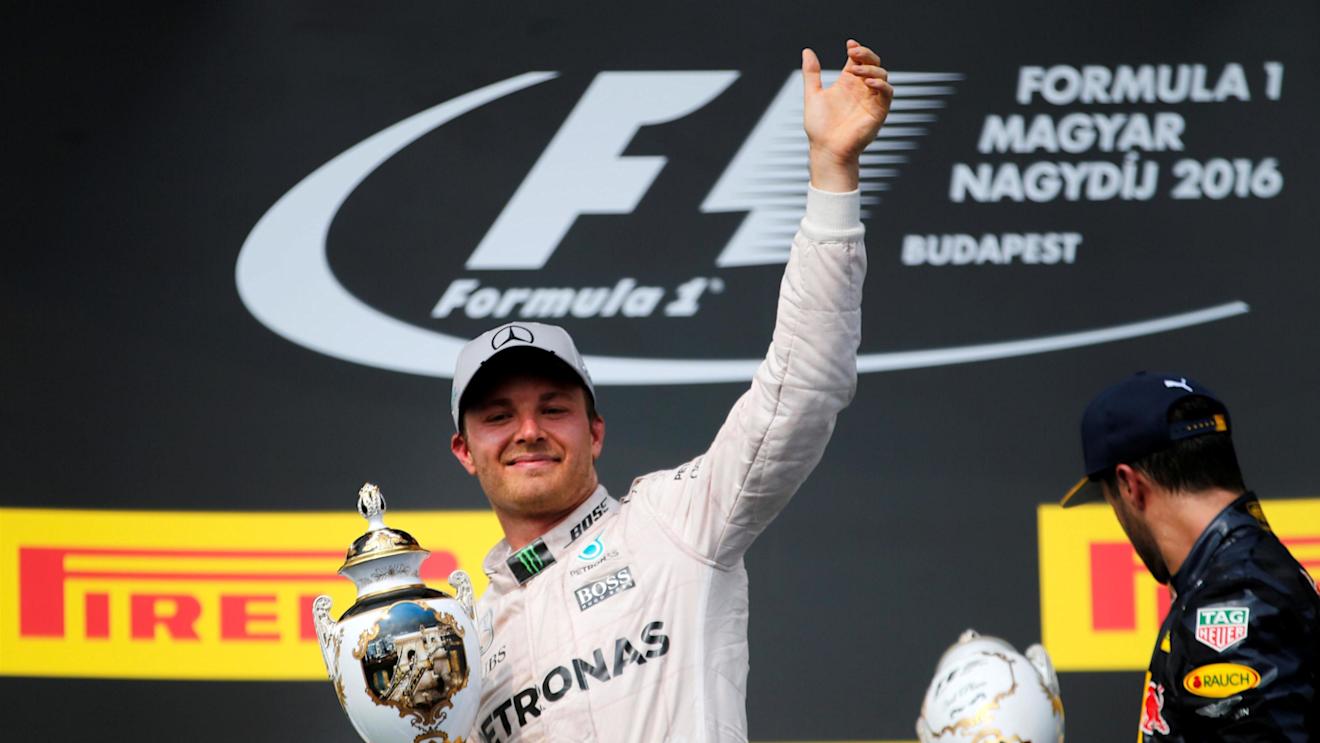 Nico Rosberg (GER) Mercedes AMG F1 celebrates on the podium with the trophy at Formula One World Championship, Rd11, Hungarian Grand Prix, Race, Hungaroring, Hungary, Sunday 24 July 2016. © Sutton Images