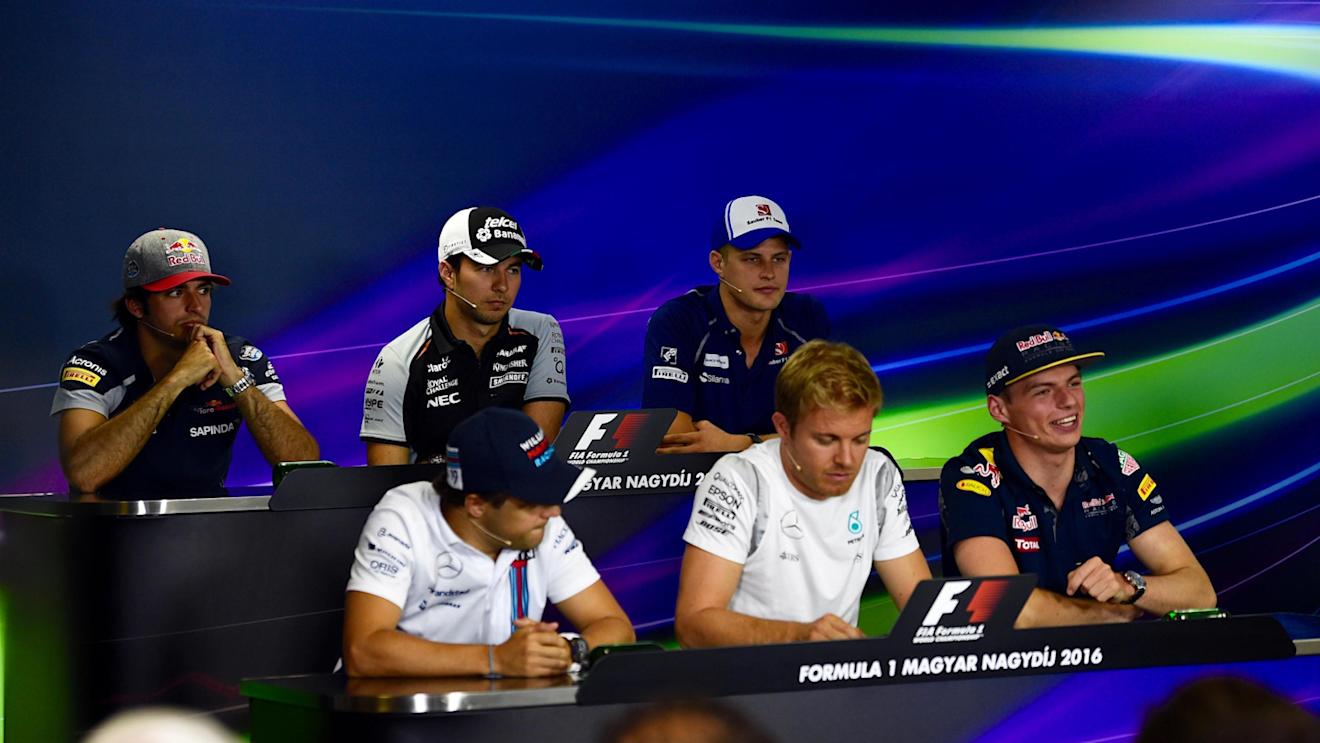 (L to R): Carlos Sainz jr (ESP) Scuderia Toro Rosso, Sergio Perez (MEX) Force India, Marcus Ericsson (SWE) Sauber, Felipe Massa (BRA) Williams, Nico Rosberg (GER) Mercedes AMG F1 and Max Verstappen (NED) Red Bull Racing in the Press Conference at Formula One World Championship, Rd11, Preparations, Hungaroring, Hungary, Thursday 21 July 2016. © Sutton Images