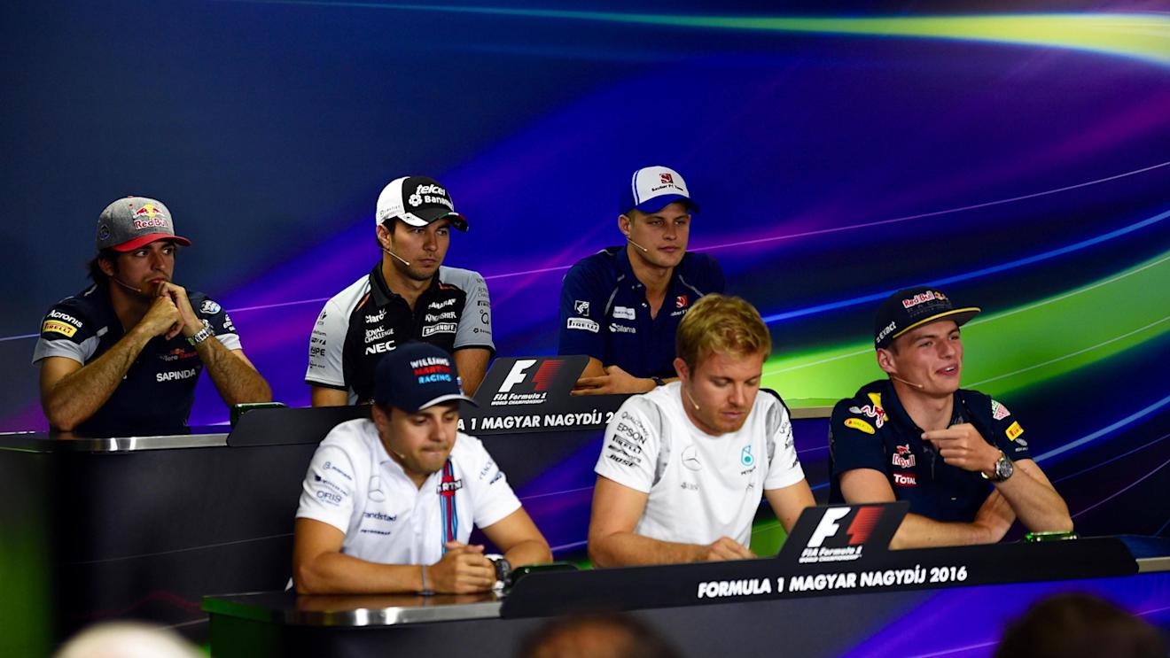 (L to R): Carlos Sainz jr (ESP) Scuderia Toro Rosso, Sergio Perez (MEX) Force India, Marcus Ericsson (SWE) Sauber, Felipe Massa (BRA) Williams, Nico Rosberg (GER) Mercedes AMG F1 and Max Verstappen (NED) Red Bull Racing in the Press Conference at Formula One World Championship, Rd11, Preparations, Hungaroring, Hungary, Thursday 21 July 2016. © Sutton Images
