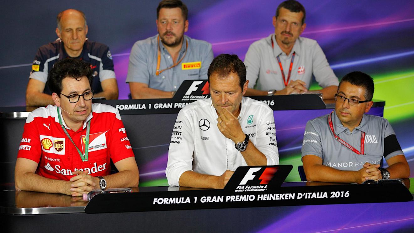 (L to R): Franz Tost (AUT) Scuderia Toro Rosso Team Principal, Mattia Binotto (ITA) Ferrari Chief technical Officer, Paul Hembery (GBR) Pirelli Motorsport Director, Aldo Costa (ITA) Mercedes AMG F1 Engineering Director, Guenther Steiner (ITA) Haas F1 Team Prinicipal and Luca Furbatto (ITA) Manor Chief Designer in the Press Conference at Formula One World Championship, Rd14, Italian Grand Prix, Practice, Monza, Italy, Friday 2 September 2016. © Sutton Images