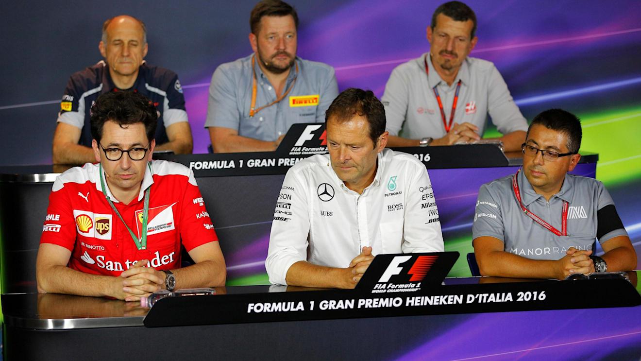 (L to R): Franz Tost (AUT) Scuderia Toro Rosso Team Principal, Mattia Binotto (ITA) Ferrari Chief technical Officer, Paul Hembery (GBR) Pirelli Motorsport Director, Aldo Costa (ITA) Mercedes AMG F1 Engineering Director, Guenther Steiner (ITA) Haas F1 Team Prinicipal and Luca Furbatto (ITA) Manor Chief Designer in the Press Conference at Formula One World Championship, Rd14, Italian Grand Prix, Practice, Monza, Italy, Friday 2 September 2016. © Sutton Images