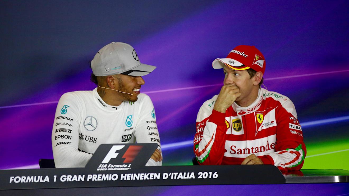 Pole sitter Lewis Hamilton (GBR) Mercedes AMG F1 and Sebastian Vettel (GER) Ferrari in the Press Conference at Formula One World Championship, Rd14, Italian Grand Prix, Qualifying, Monza, Italy, Saturday 3 September 2016. © Sutton Images