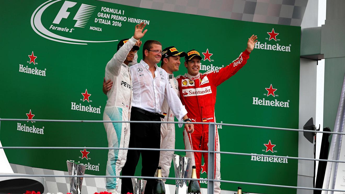 Lewis Hamilton (GBR) Mercedes AMG F1, Simon Cole (GBR) Mercedes AMG F1 Chief Track Engineer, Race winner Nico Rosberg (GER) Mercedes AMG F1 and Sebastian Vettel (GER) Ferrari celebrate on the podium at Formula One World Championship, Rd14, Italian Grand Prix, Race, Monza, Italy, Sunday 4 September 2016. © Sutton Images