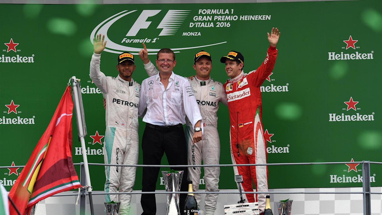(L to R): Lewis Hamilton (GBR) Mercedes AMG F1, Simon Cole (GBR) Mercedes AMG F1 Chief Track Engineer, Nico Rosberg (GER) Mercedes AMG F1 and Sebastian Vettel (GER) Ferrari celebrate on the podium at Formula One World Championship, Rd14, Italian Grand Prix, Race, Monza, Italy, Sunday 4 September 2016. © Sutton Images