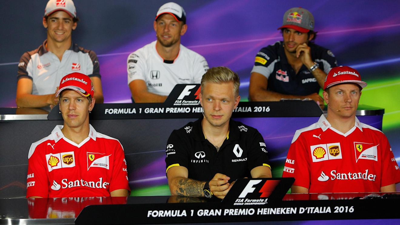 (L to R): Esteban Gutierrez (MEX) Haas F1, Sebastian Vettel (GER) Ferrari, Jenson Button (GBR) McLaren, Kevin Magnussen (DEN) Renault Sport F1 Team, Carlos Sainz jr (ESP) Scuderia Toro Rosso and Kimi Raikkonen (FIN) Ferrari in the Press Conference at Formula One World Championship, Rd14, Italian Grand Prix, Preparations, Monza, Italy, Thursday 1 September 2016. © Sutton Images