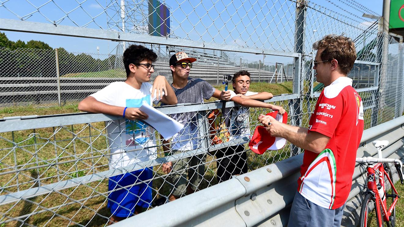 Sebastian Vettel (GER) Ferrari and fans and bike at Formula One World Championship, Rd14, Italian Grand Prix, Preparations, Monza, Italy, Thursday 1 September 2016. © Sutton Images