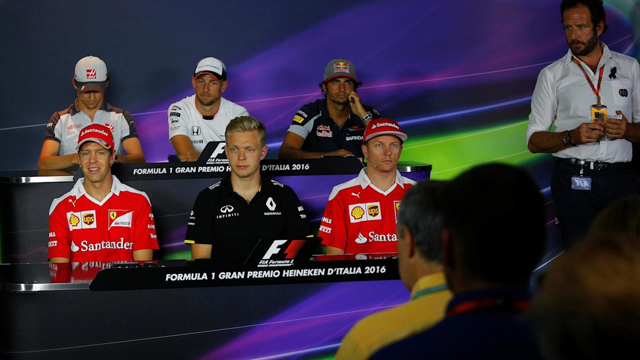 (L to R): Esteban Gutierrez (MEX) Haas F1, Jenson Button (GBR) McLaren, Carlos Sainz jr (ESP) Scuderia Toro Rosso, Sebastian Vettel (GER) Ferrari, Kevin Magnussen (DEN) Renault Sport F1 Team amd Kimi Raikkonen (FIN) Ferrari in the Press Conference at Formula One World Championship, Rd14, Italian Grand Prix, Preparations, Monza, Italy, Thursday 1 September 2016. © Sutton Images