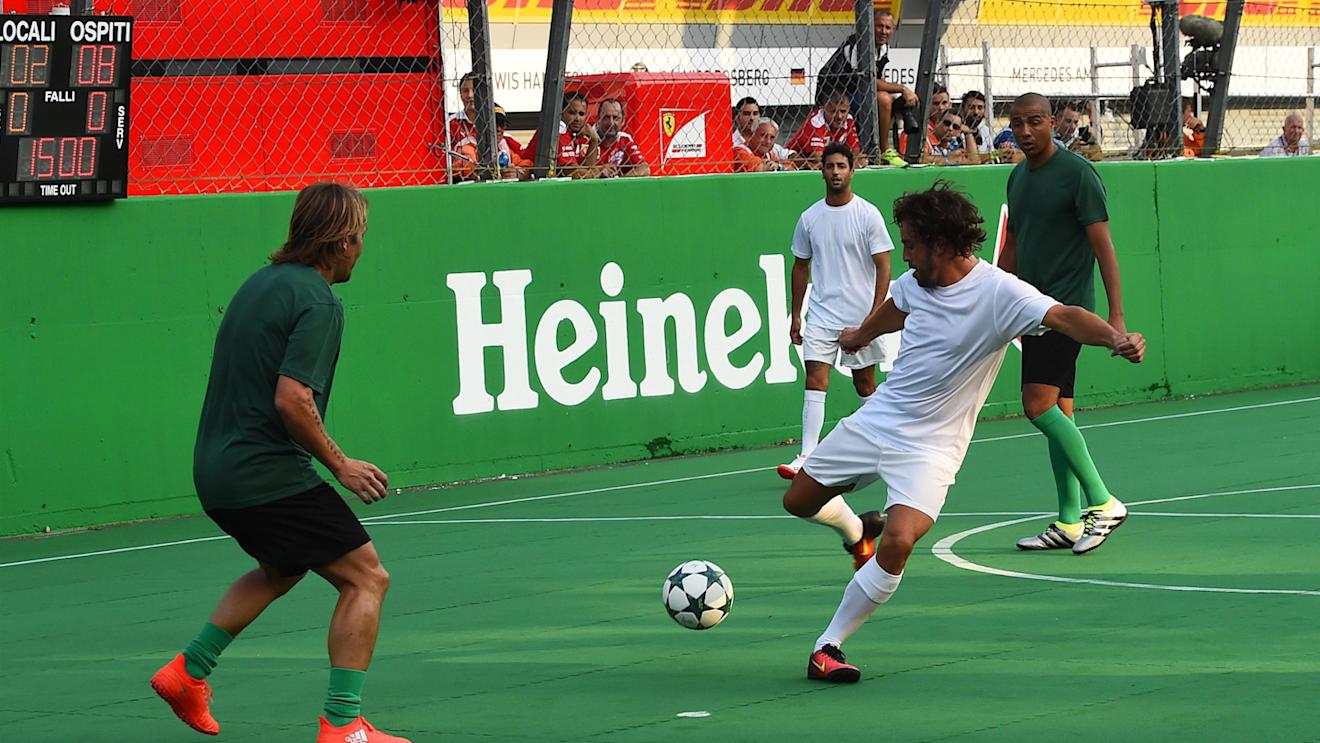 Fernando Alonso (ESP) McLaren with Michel Salgado (ESP) and David Trezeguet (FRA) at the Heineken Champions Of The Grid 5-A-Side Charity Football Match at Formula One World Championship, Rd14, Italian Grand Prix, Preparations, Monza, Italy, Thursday 1 September 2016. © Sutton Images
