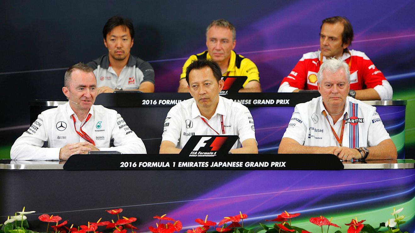 (L to R): Paddy Lowe (GBR) Mercedes AMG F1 Executive Director (Technical), Ayao Komatsu (JPN) Haas F1 Engineer, Yusuke Hasegawa (JPN) Head of Honda Motorsport, Bob Bell (GBR) Renault Sport F1 Team, Pat Symonds (GBR) Williams Technical Director and Luigi Fraboni (ITA) Head of Ferrari Engine Operations in the Press Conference at Formula One World Championship, Rd17, Japanese Grand Prix, Practice, Suzuka, Japan, Friday 7 October 2016. © Sutton Images