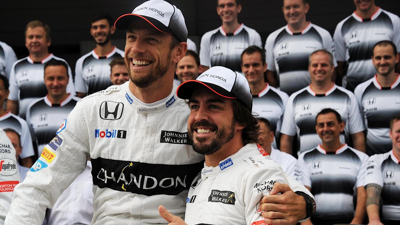 Jenson Button (GBR) McLaren and Fernando Alonso (ESP) McLaren at a McLaren team photo at Formula One World Championship, Rd17, Japanese Grand Prix, Practice, Suzuka, Japan, Friday 7 October 2016. © Sutton Images