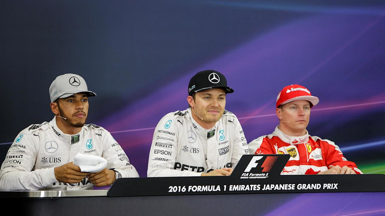 Lewis Hamilton (GBR) Mercedes AMG F1, pole sitter Nico Rosberg (GER) Mercedes AMG F1 and Kimi Raikkonen (FIN) Ferrari in the Press Conference at Formula One World Championship, Rd17, Japanese Grand Prix, Qualifying, Suzuka, Japan, Saturday 8 October 2016. © Sutton Images