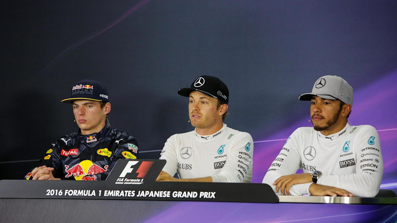 Max Verstappen (NED) Red Bull Racing, Nico Rosberg (GER) Mercedes AMG F1 and Lewis Hamilton (GBR) Mercedes AMG F1 in the Press Conference at Formula One World Championship, Rd17, Japanese Grand Prix, Race, Suzuka, Japan, Sunday 9 October 2016. © Sutton Images