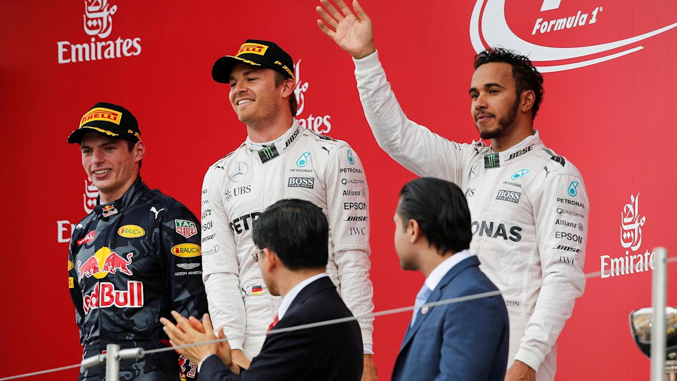 Max Verstappen (NED) Red Bull Racing, race winner Nico Rosberg (GER) Mercedes AMG F1 and Lewis Hamilton (GBR) Mercedes AMG F1 celebrate on the podium at Formula One World Championship, Rd17, Japanese Grand Prix, Race, Suzuka, Japan, Sunday 9 October 2016. © Sutton Images