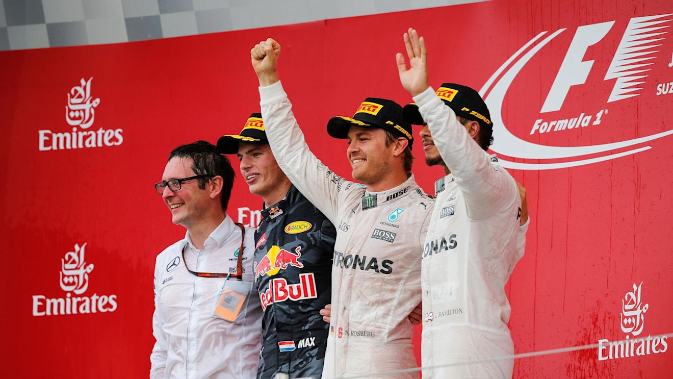(L to R): Andy Shovlin (GBR) Mercedes AMG F1 Chief Engineer, Max Verstappen (NED) Red Bull Racing, race winner Nico Rosberg (GER) Mercedes AMG F1 and Lewis Hamilton (GBR) Mercedes AMG F1 celebrate on the podium at Formula One World Championship, Rd17, Japanese Grand Prix, Race, Suzuka, Japan, Sunday 9 October 2016. © Sutton Images