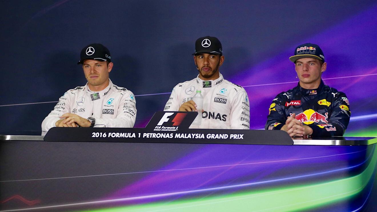 Nico Rosberg (GER) Mercedes AMG F1, pole sitter Lewis Hamilton (GBR) Mercedes AMG F1 and Max Verstappen (NED) Red Bull Racing in the Press Conference at Formula One World Championship, Rd16, Malaysian Grand Prix, Qualifying, Sepang, Malaysia, Saturday 1 October 2016. © Sutton Images