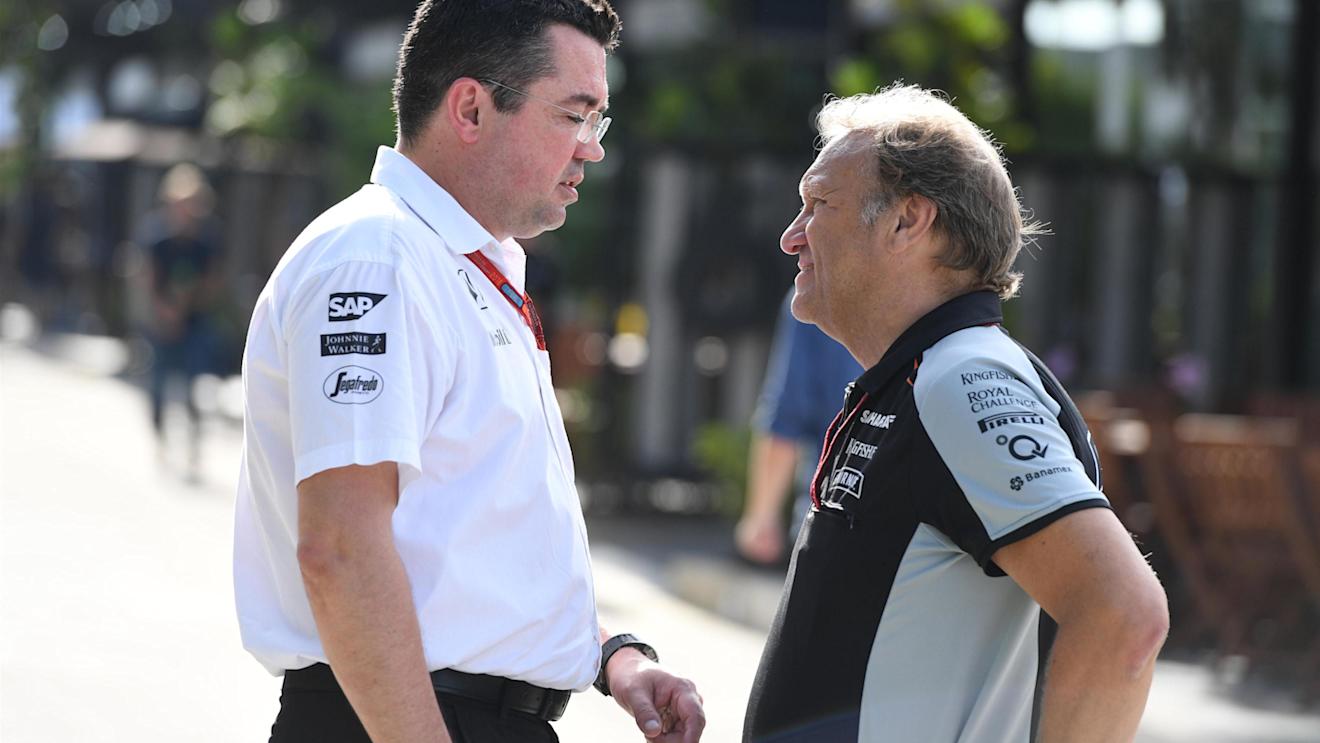 Eric Boullier (FRA) McLaren Racing Director and Robert Fernley (GBR) Force India F1 Team Deputy Team Principal at Formula One World Championship, Rd16, Malaysian Grand Prix, Qualifying, Sepang, Malaysia, Saturday 1 October 2016. © Sutton Images