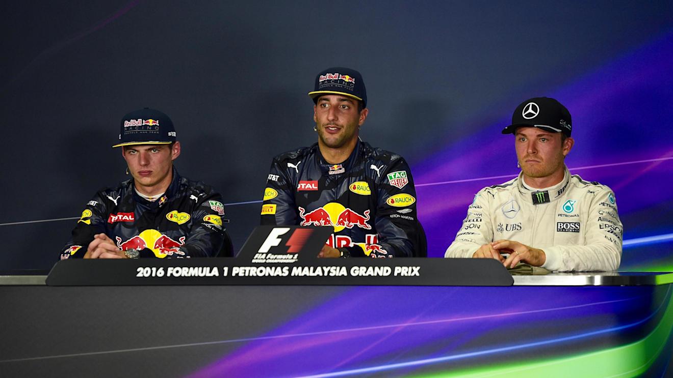 aMax Verstappen (NED) Red Bull Racing, Daniel Ricciardo (AUS) Red Bull Racing and Nico Rosberg (GER) Mercedes AMG F1 in the Press Conference at Formula One World Championship, Rd16, Malaysian Grand Prix, Race,  Sepang, Malaysia, Sunday 2 October 2016. © Sutton Images