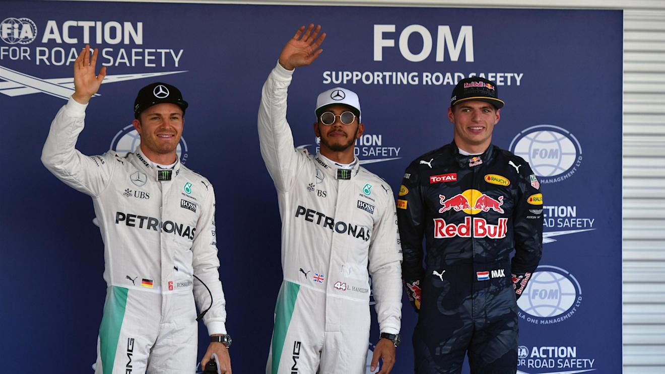 (L to R): Nico Rosberg (GER) Mercedes AMG F1, pole sitter Lewis Hamilton (GBR) Mercedes AMG F1 and Max Verstappen (NED) Red Bull Racing celebrate in parc ferme at Formula One World Championship, Rd19, Mexican Grand Prix, Qualifying, Circuit Hermanos Rodriguez, Mexico City, Mexico, Saturday 29 October 2016. © Sutton Images