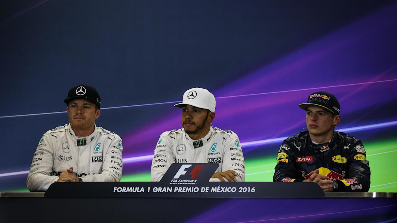 (L to R): Nico Rosberg (GER) Mercedes AMG F1, Lewis Hamilton (GBR) Mercedes AMG F1 and Max Verstappen (NED) Red Bull Racing in the Press Conference at Formula One World Championship, Rd19, Mexican Grand Prix, Qualifying, Circuit Hermanos Rodriguez, Mexico City, Mexico, Saturday 29 October 2016. © Sutton Images