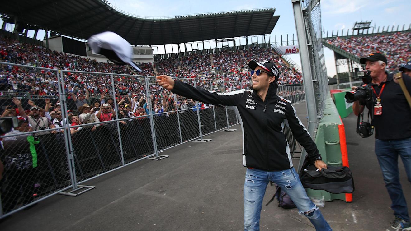 Sergio Perez (MEX) Force India throws hats into the crowd on the drivers parade at Formula One World Championship, Rd19, Mexican Grand Prix, Race, Circuit Hermanos Rodriguez, Mexico City, Mexico, Sunday 30 October 2016. © Sutton Images