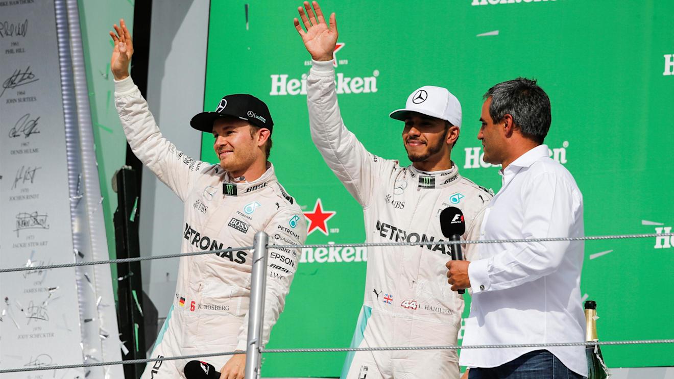 Nico Rosberg (GER) Mercedes AMG F1, race winner Lewis Hamilton (GBR) Mercedes AMG F1 and Juan Pablo Montoya (COL) celebrate on the podium at Formula One World Championship, Rd19, Mexican Grand Prix, Race, Circuit Hermanos Rodriguez, Mexico City, Mexico, Sunday 30 October 2016. © Sutton Images